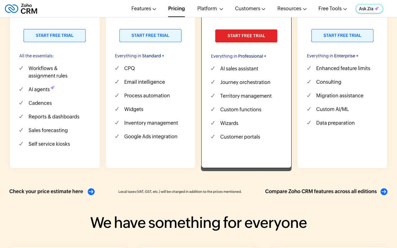 Zoho CRM Pricing Details